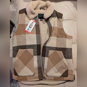 Sanctuary Mixed Media Brown Neutral Plaid Sherpa Wool Blend Vest Cozy Warm Sz M